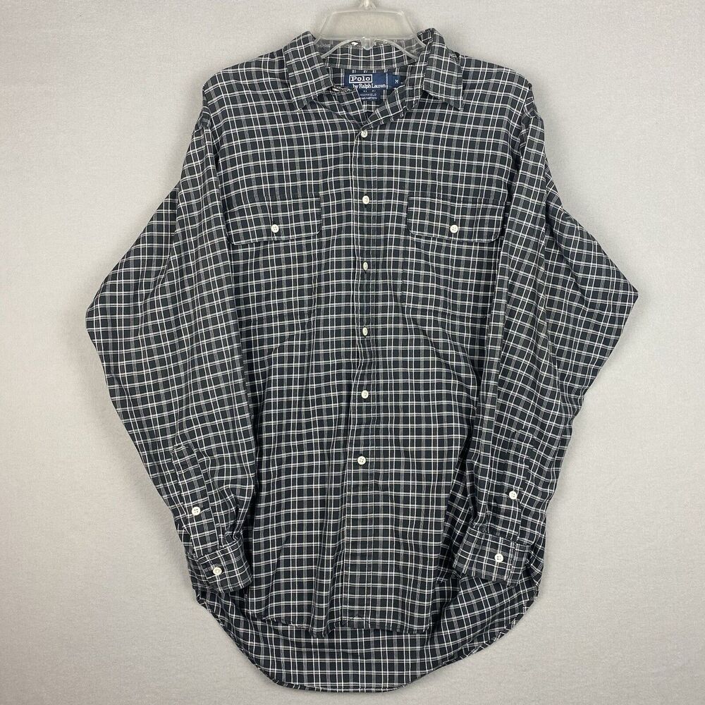 Polo Ralph Lauren Shirt Men's M Whitfield Long Sleeve Two Ply Cotton Plaid Black
